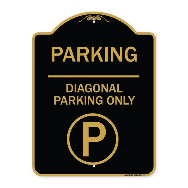 Parking-Diagonal Parking W/ Parking, Black & Gold Aluminum Sign, 18" x 24", BG-1824-23472